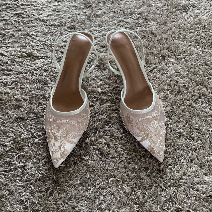 Mesh Embroidered Thin High Heels Sandals Women 2025 Summer Slingback Pointed Toe Pumps Dress Shoes Woman Sandalias De Mujer