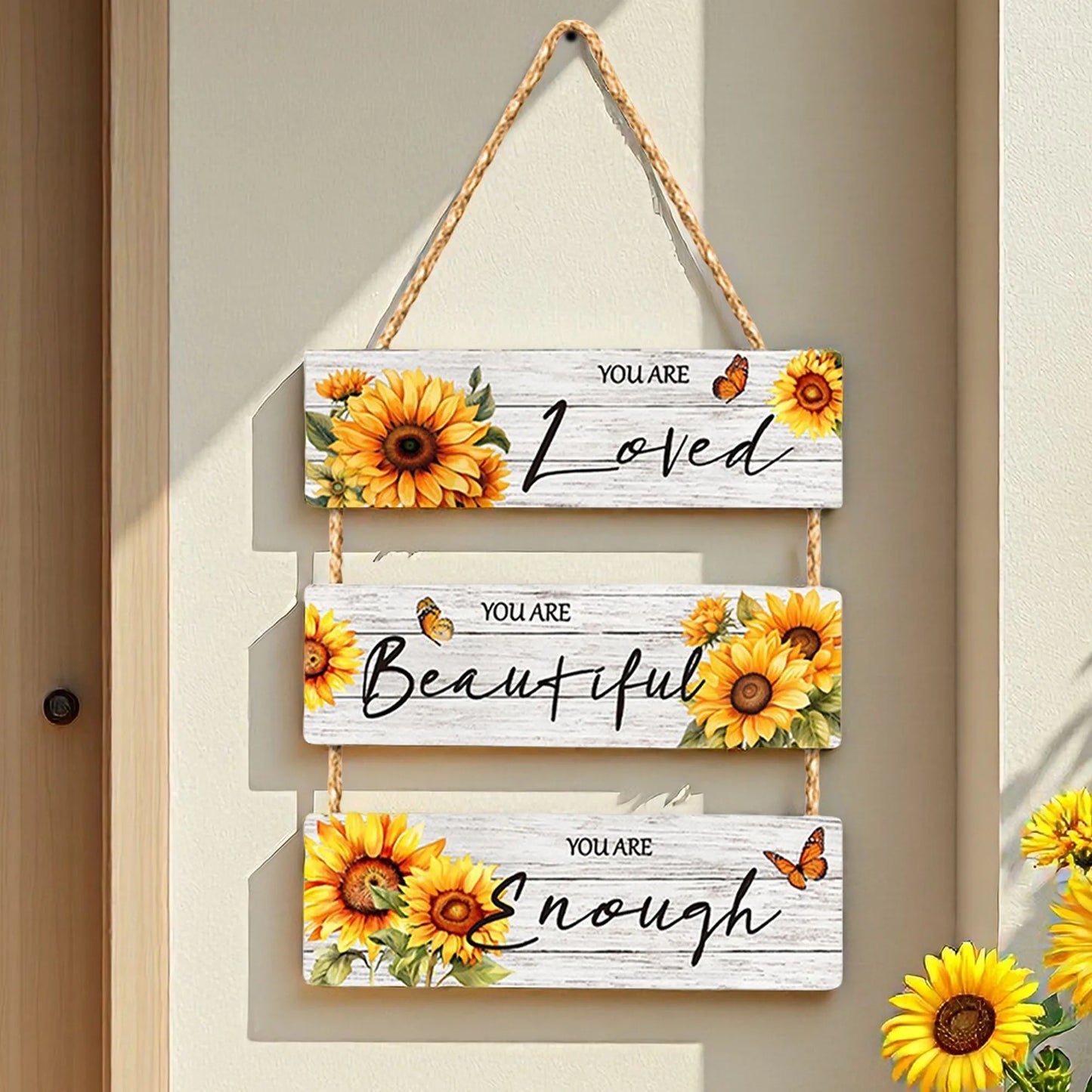 Sunflower Wooden Wall Hanging for Front Door, Inspirational Quotes Sign Decoration for Bedroom Wooden Yellow Bathroom Decor