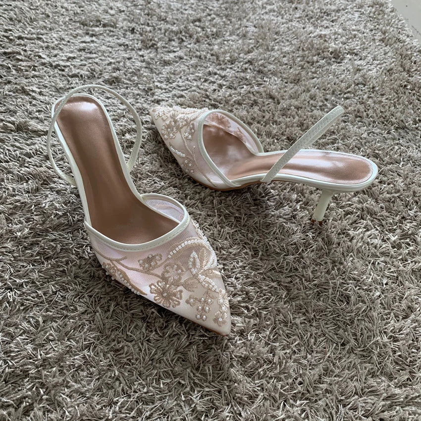 Mesh Embroidered Thin High Heels Sandals Women 2025 Summer Slingback Pointed Toe Pumps Dress Shoes Woman Sandalias De Mujer