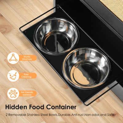 Feeding Station With 1 Storage Cabinets, Pet Feeding Station With 2 Elevated Dog Bowls, Side Hooks, Anti-tip Kit, Hidden Pet Feeder Station For Feeding Watering, Black