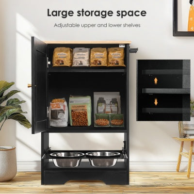 Feeding Station With 1 Storage Cabinets, Pet Feeding Station With 2 Elevated Dog Bowls, Side Hooks, Anti-tip Kit, Hidden Pet Feeder Station For Feeding Watering, Black