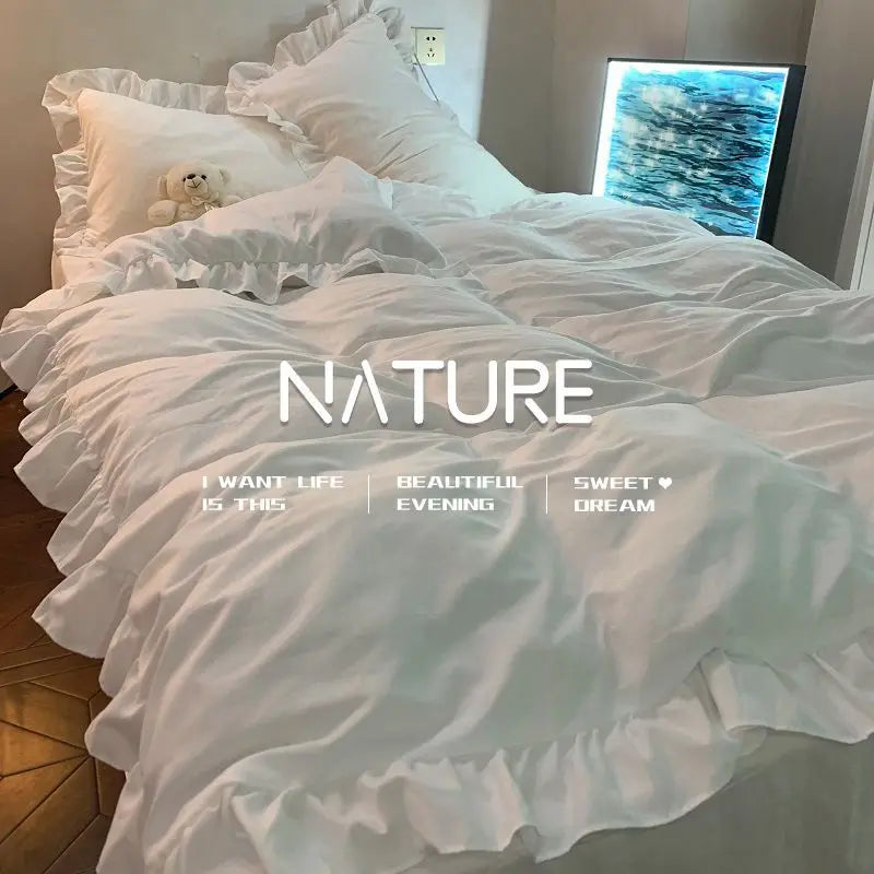 INS Princess Style Bedding Sets Ruffle Lace Bow Quilt Cover Romantic Bedclothes Decor Woman Girls Bedroom Duvet Cover 4pcs