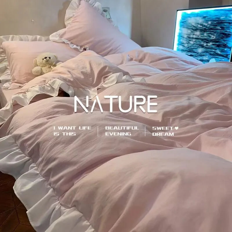 INS Princess Style Bedding Sets Ruffle Lace Bow Quilt Cover Romantic Bedclothes Decor Woman Girls Bedroom Duvet Cover 4pcs
