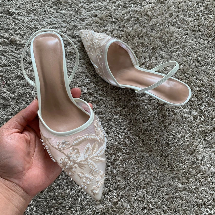 Mesh Embroidered Thin High Heels Sandals Women 2025 Summer Slingback Pointed Toe Pumps Dress Shoes Woman Sandalias De Mujer
