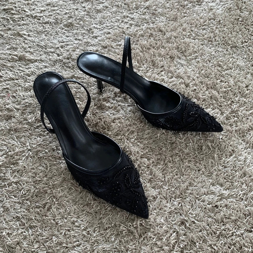 Mesh Embroidered Thin High Heels Sandals Women 2025 Summer Slingback Pointed Toe Pumps Dress Shoes Woman Sandalias De Mujer