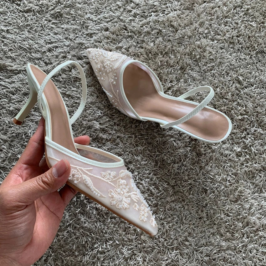 Mesh Embroidered Thin High Heels Sandals Women 2025 Summer Slingback Pointed Toe Pumps Dress Shoes Woman Sandalias De Mujer