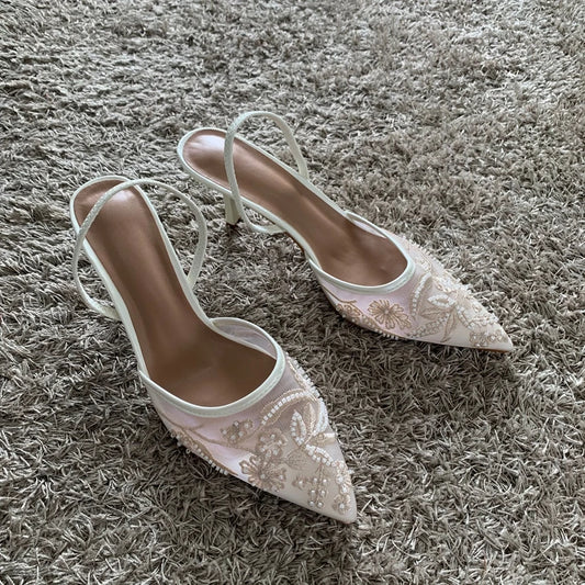 Mesh Embroidered Thin High Heels Sandals Women 2025 Summer Slingback Pointed Toe Pumps Dress Shoes Woman Sandalias De Mujer